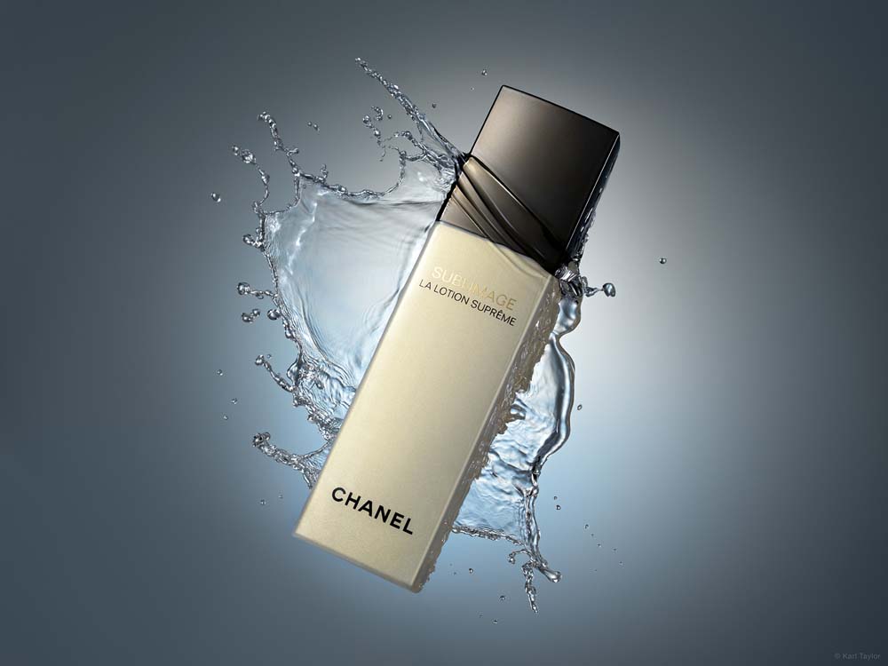 Chanel product photography incorporating a water splash as part of the creative brief.