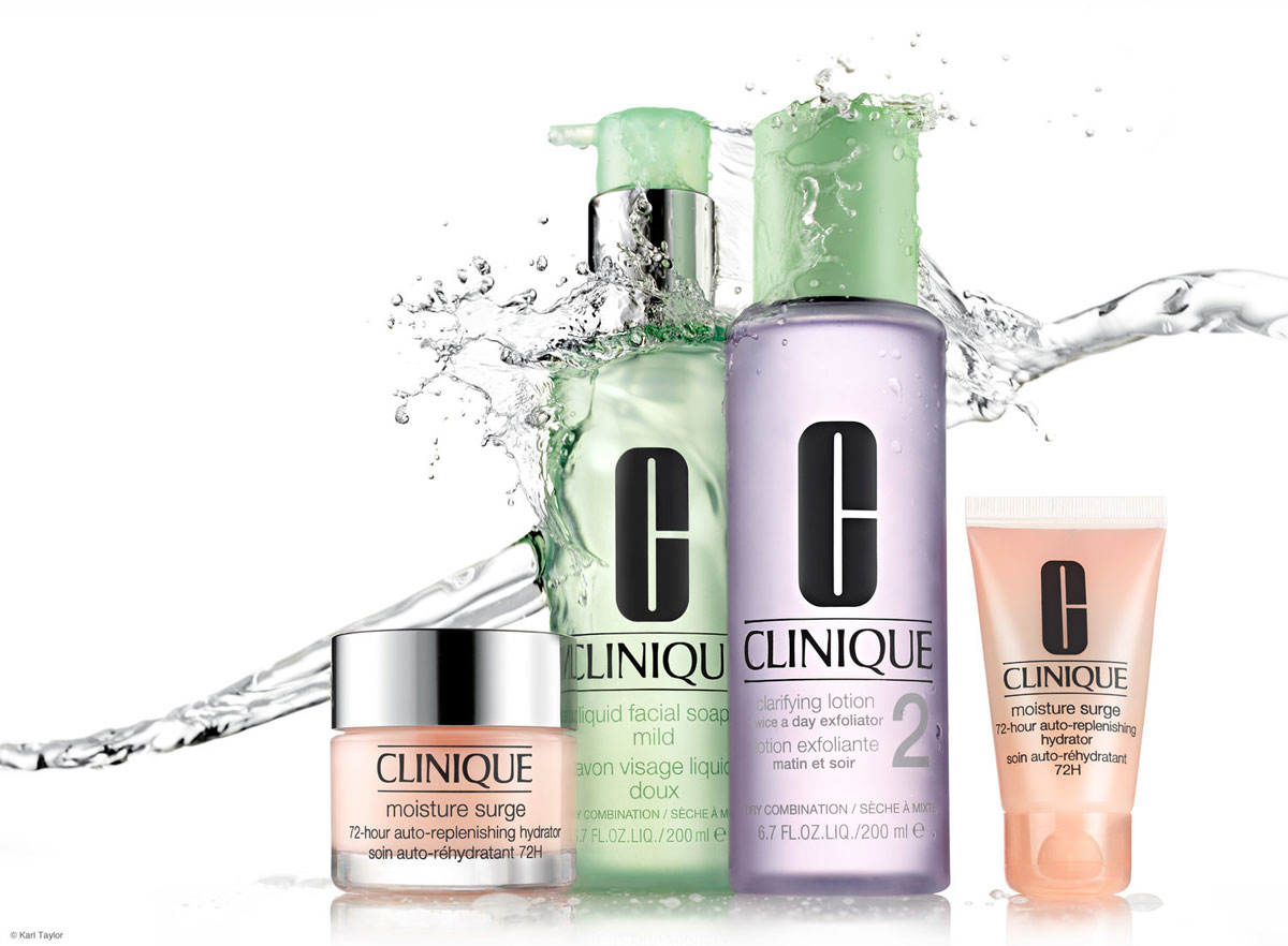 Clinique advert incorporating clear water splash as part of the creative brief. Photo by Karl Taylor